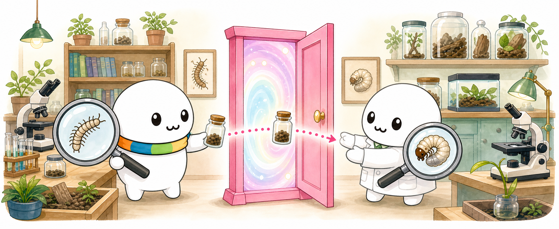 コムカデを研究するコランから、カブトムシの幼虫を専門にする研究者コランへ標本を共有するイメージ